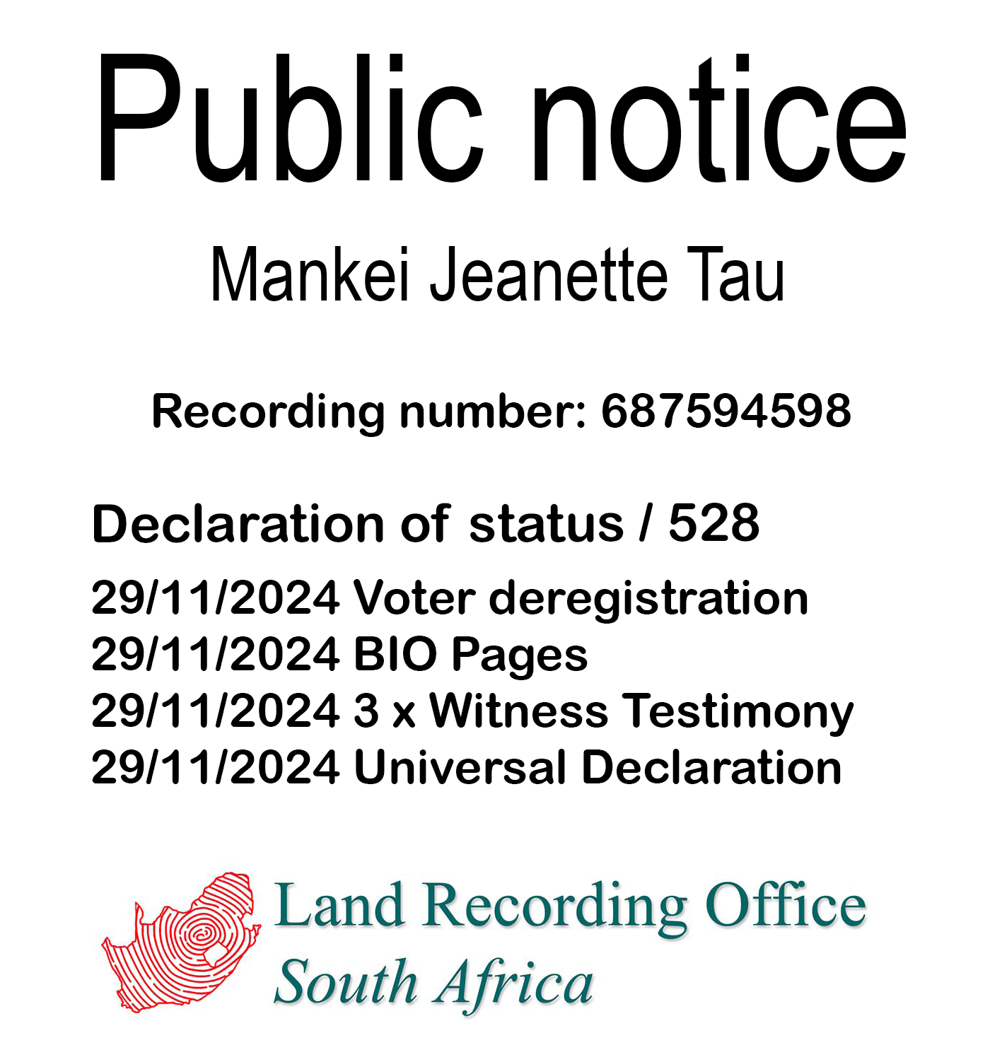 Public notice Mankei Jeanette Tau Recording number 687594598